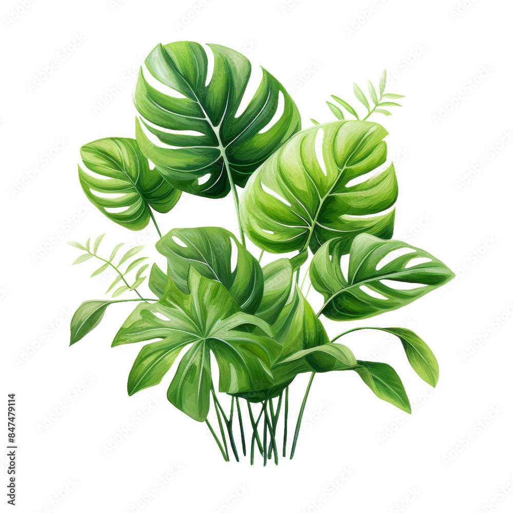 A close-up watercolor painting of lush, green tropical plants with large leaves, perfect for adding a touch of nature to your home or office