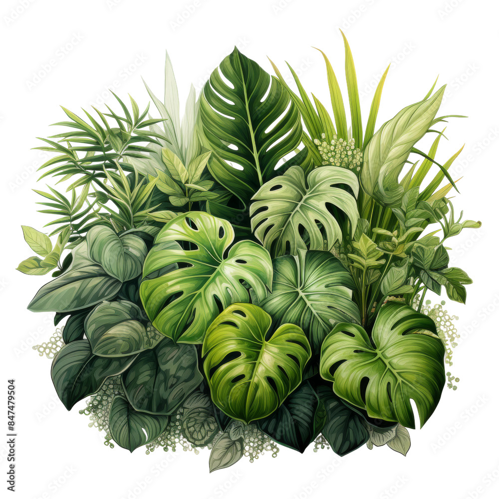 Obraz premium A watercolor painting of a variety of tropical plants, including monstera, ferns, and palm leaves, arranged in a lush, vibrant display