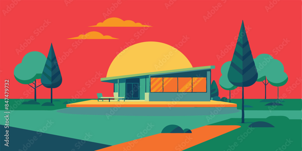 Naklejka premium Charming lakeside cottage with a beautiful view of the water and surrounding landscape. Tranquil lakefront home with lush greenery and a peaceful atmosphere.