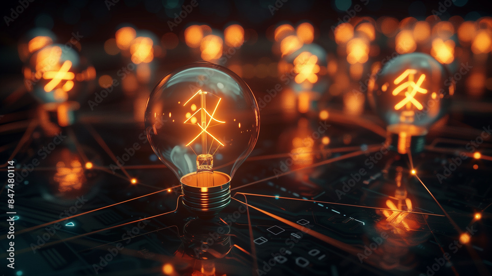 Obraz premium Light Bulb Network, Connected light bulbs illuminate a dark space, representing the power of creativity and innovation in sparking breakthrough ideas for business growth.