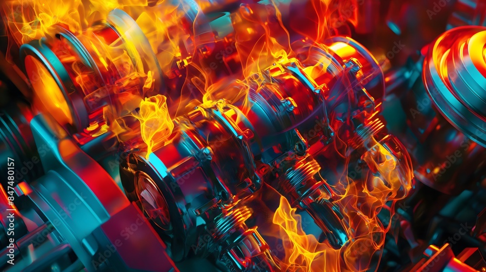 5. In a dynamic portrayal of automotive technology, a cross-sectional view of a car engine reveals the intricate dance of pistons and crankshafts, bathed in vibrant hues that depict the fiery 5. In a dynamic portrayal of automotive technology, a cross-sectional view of a car engine reveals the intricate dance of pistons and crankshafts, bathed in vibrant hues that depict the fiery