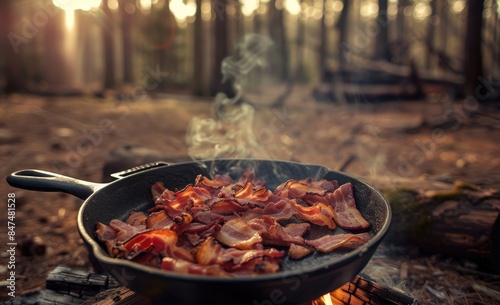 a skillet filled with bacon next to wood and fire photo