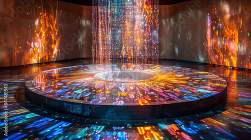 Immersive Mesmerizing podium digital art installation featuring a luminous circular platform bathed in colorful light projections