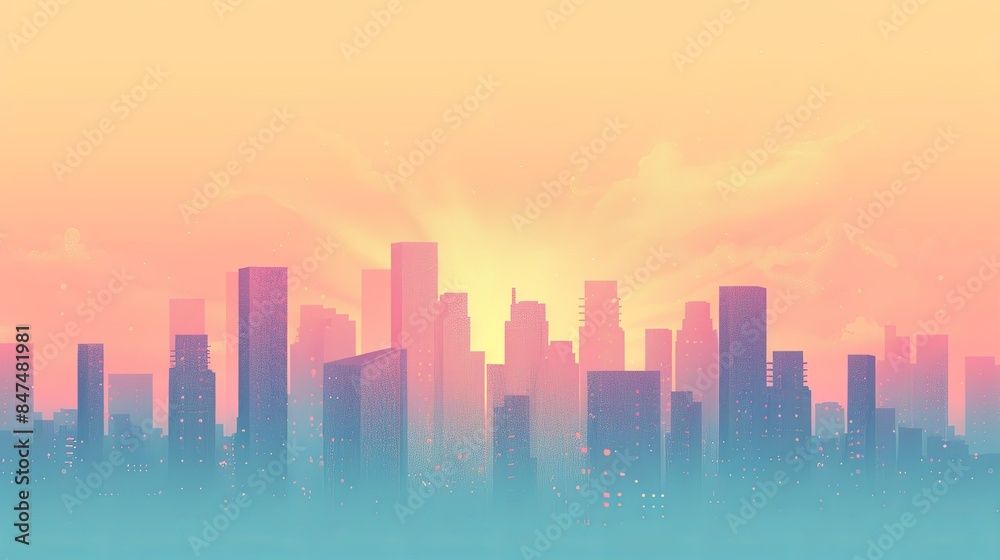 Fototapeta premium Lo-fi Illustration of Simplified, Pastel-Colored Urban Skylines with Copy Space