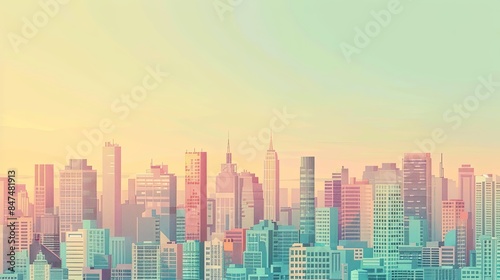 Lo-fi Illustration of Simplified, Pastel-Colored Urban Skylines with Copy Space © nicole