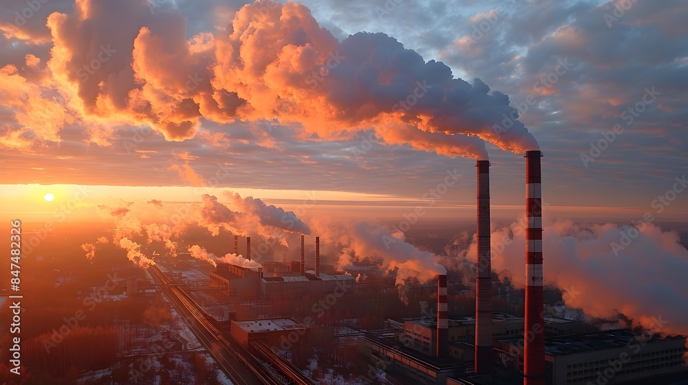 Thick Textured Smoke Clouds Billowing from Industrial Factory Chimneys at Sunset