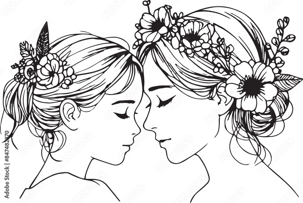 Two girls with flower crowns on their heads, looking at each other with love and affection. Two girls with flower crowns on their heads, looking at each other with love and affection.