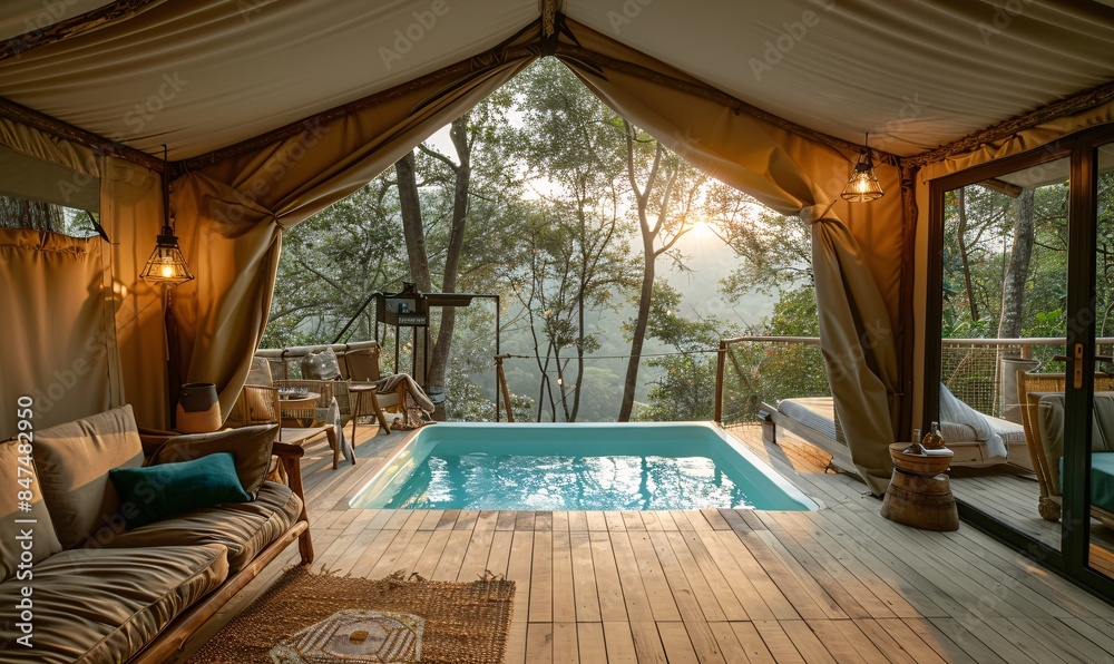 Luxury glamping tent interior overlooking private pool on terrace, nestled in oak woods during golden hour Luxury glamping tent interior overlooking private pool on terrace, nestled in oak woods during golden hour