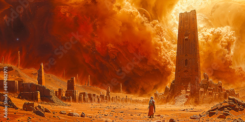 Obelisk tower ruins on Mars, ancient aliens, science fiction, sci fi pulp art, environment concept, wide banner, copyspace