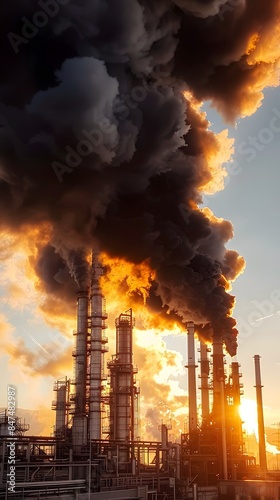 Turbulent Clouds of Dark Smoke Billowing From Industrial Facility Smokestacks Against Bright Sky