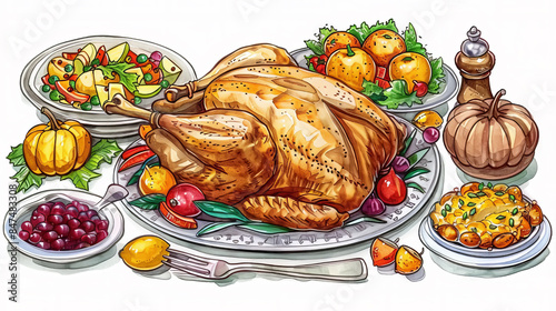 Mouthwatering thanksgiving feast featuring a golden brown roasted turkey as the centerpiece, surrounded by an assortment of traditional side dishes
