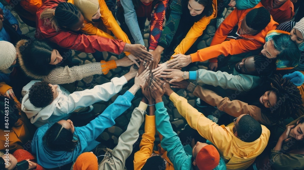 People of different races and ethnicities joining their hands together ...