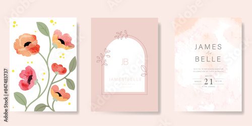 sweet elegant pink botanical Wedding Invitation, floral invite thank you, rsvp modern card Design in leaf and flower water color texture decorative Vector elegant rustic template