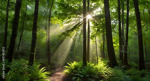 sun rays in the green forest