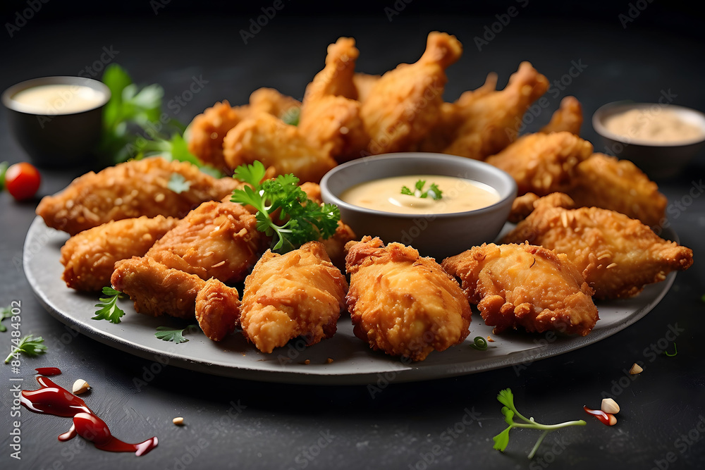 A delicious plate of chicken fry, croissant, burger and sandwiches with French fries A delicious plate of chicken fry, croissant, burger and sandwiches with French fries