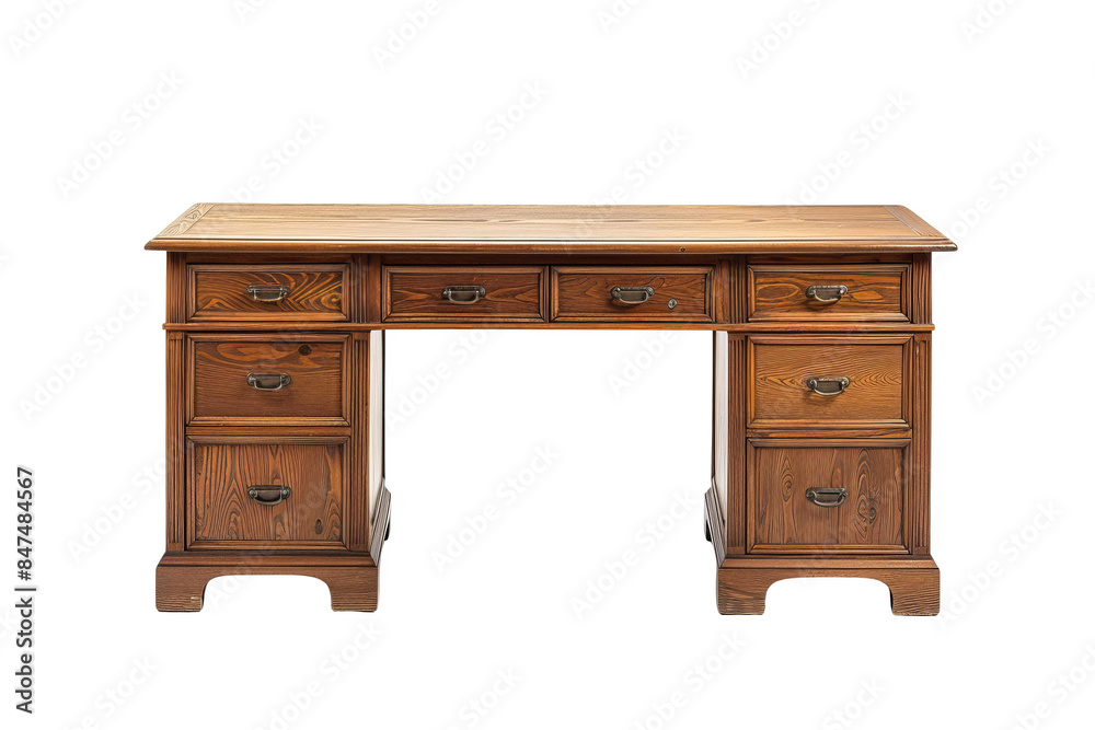 Isolated on white background, a classic writing desk with drawers and a spacious top, perfect for home offices or study areas Isolated on white background, a classic writing desk with drawers and a spacious top, perfect for home offices or study areas