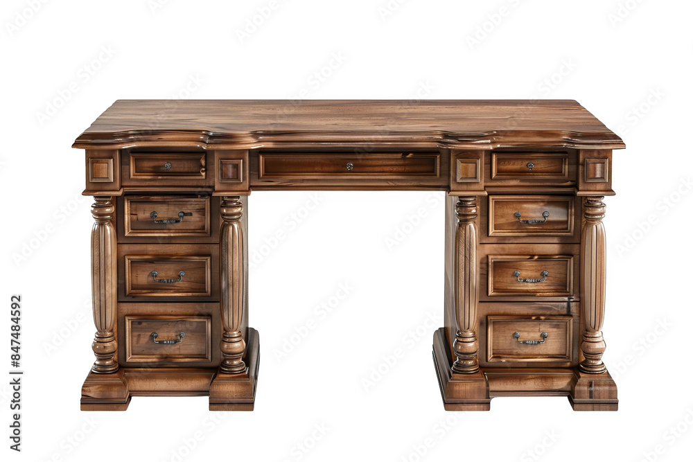 Isolated on white background, a classic writing desk with drawers and a spacious top, perfect for home offices or study areas Isolated on white background, a classic writing desk with drawers and a spacious top, perfect for home offices or study areas
