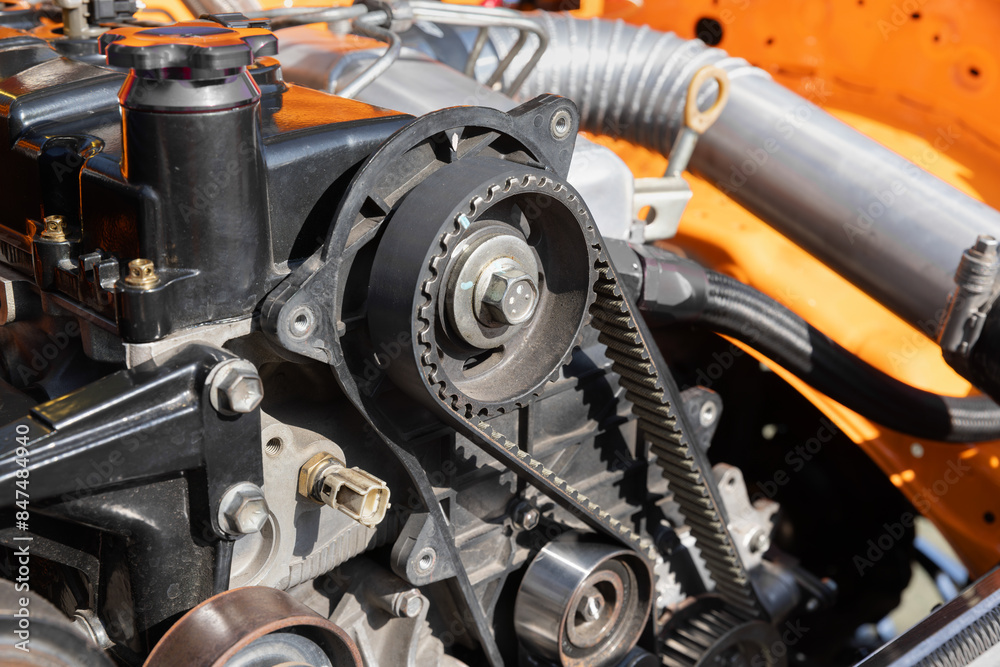 Timing belt and camshaft sprocket of engine car. Timing belt and camshaft sprocket of engine car.