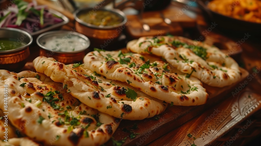 Close Up of Naan Bread on a Wooden Board.