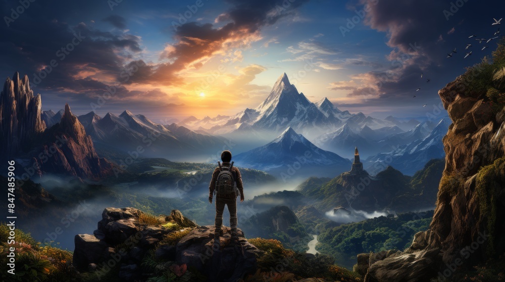 landscape man hiking mountain high and forest art beautiful landscape man hiking mountain high and forest art beautiful