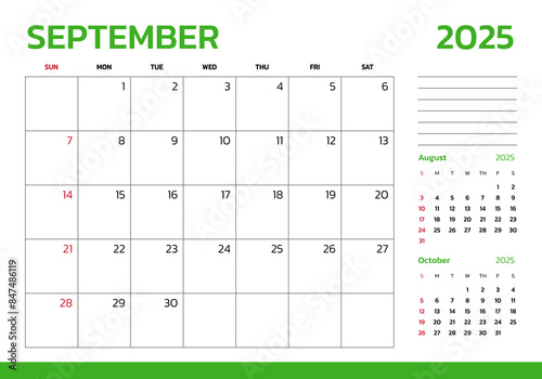 September 2025 Calendar. Week start on Sunday. Desk calendar 2025 design, simple and clean design, Wall calendar for print, digital calendar, Corporate design planner template vector.