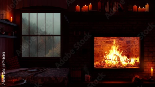 cozy rainy cabin living room ambience with fireplace and forest view, cozy bedroom with a fireplace and rainfall outside the window