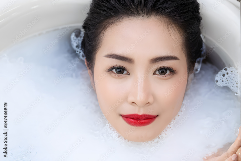 A woman is in a bathtub with red lipstick on A woman is in a bathtub with red lipstick on