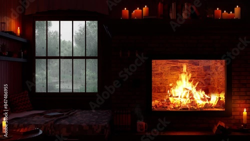 cozy rainy cabin living room ambience with fireplace and forest view, cozy bedroom with a fireplace and rainfall outside the window