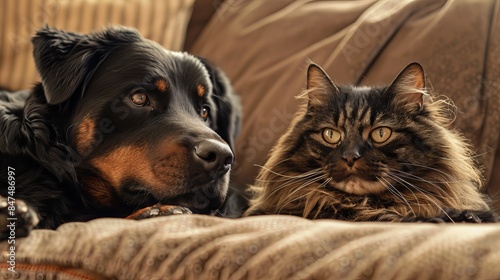 Rottweiler and Norwegian Forest cat lounging side by side on a plush sofa, their peaceful demeanor a testament to their deep bond