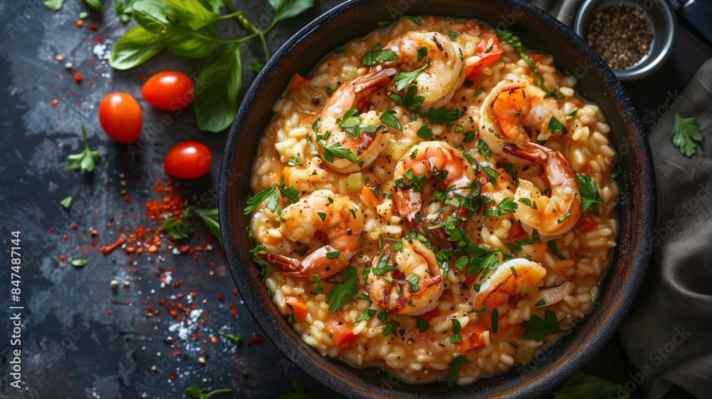 Delicious Shrimp Risotto with Parsley and Tomatoes. Delicious Shrimp Risotto with Parsley and Tomatoes.