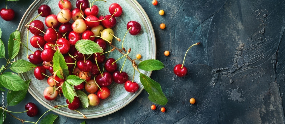 An aerial perspective of a plate adorned with ripe red and golden cherries, a delightful summer treat. An aerial perspective of a plate adorned with ripe red and golden cherries, a delightful summer treat.