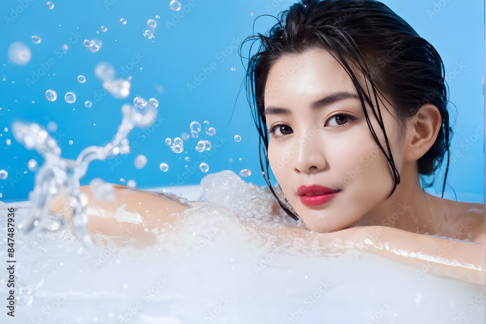 Naklejka premium A woman is in a bathtub with water splashing around her