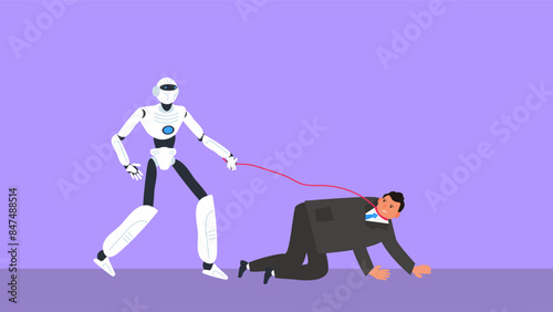 robot  and businessman on his knees  on a leash robots enslave people concept vector illustration