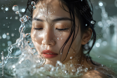 A woman is in the water with her face splashed by water