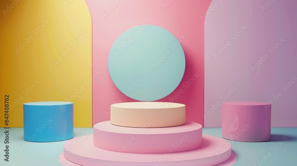 3d abstract minimalist geometric shapes. Luxury podium display for fashion show Stage, pedestal, shop window with colorful theme
3d abstract minimalist geometric shapes. Luxury podium display for fashion show Stage, pedestal, shop window with colorful theme