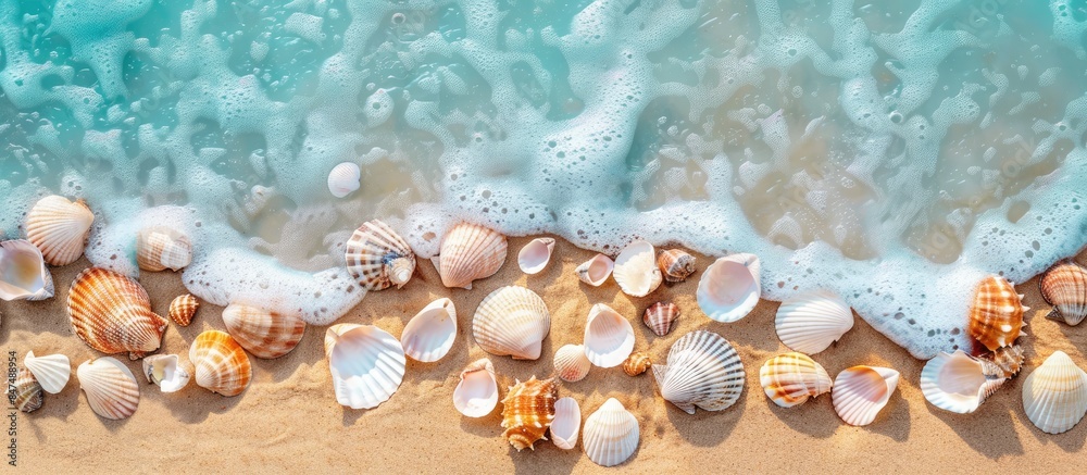 Beach vibes with seashells on sandy shore viewed from above Beach vibes with seashells on sandy shore viewed from above