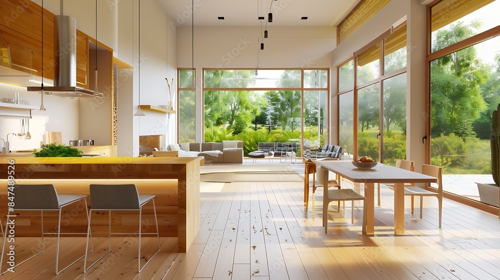 Open plan kitchen area and living room in modern cozy house Side view ...