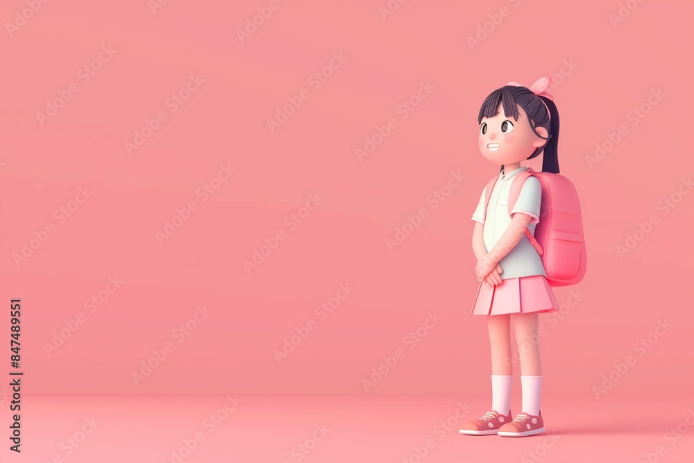 Adorable 3D cartoon girl in a school uniform and pink backpack, on the right side of a pink canvas with space for text Adorable 3D cartoon girl in a school uniform and pink backpack, on the right side of a pink canvas with space for text