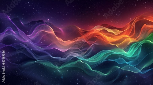 A dark grainy gradient background with transitions from deep purple to green and orange, featuring glowing waves. 
