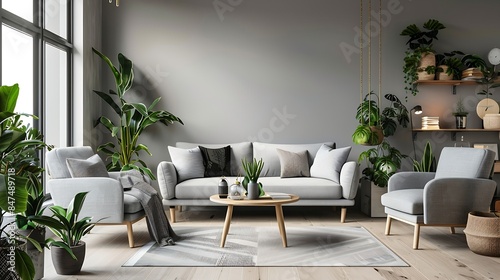 Modern scandinavian interior of living room with design grey sofa armchair a lot of plants coffee table carpet and personal accessories in cozy home decor Template : Generative AI