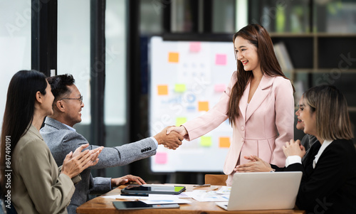 Canvas Print Business people making handshake with partner, greeting, dealing, merger and  su