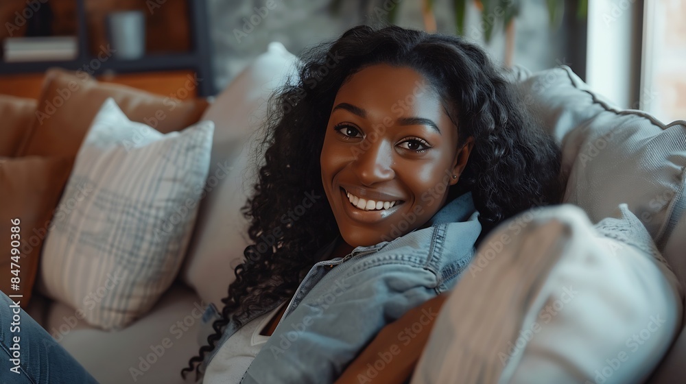 Smiling pretty girl relaxing on couch looking at camera in modern cozy house Happy young African American woman sitting on comfy sofa in living room at home Portrait : Generative AI Smiling pretty girl relaxing on couch looking at camera in modern cozy house Happy young African American woman sitting on comfy sofa in living room at home Portrait : Generative AI