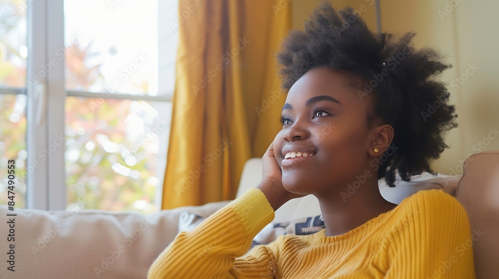 Happy young African woman sitting on comfy sofa in living room at home ...