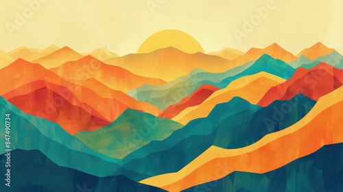 A vibrant painting of a mountain range with the sun shining through the orangetinted mountains, showcasing creative use of tints and shades and triangular shapes AIG50 photo