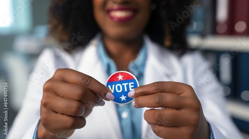 Woman, vote sticker and smile for election, positive and politics for America, government. Badge, voter choice and support for party, registration or hand for voting register US