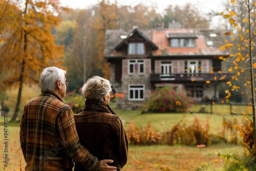 An elderly couple looking at their dream home, symbolizing the culmination of their financial planning for retirement. The scene should exude happiness and confidence in their secure future. © pjjaruwan