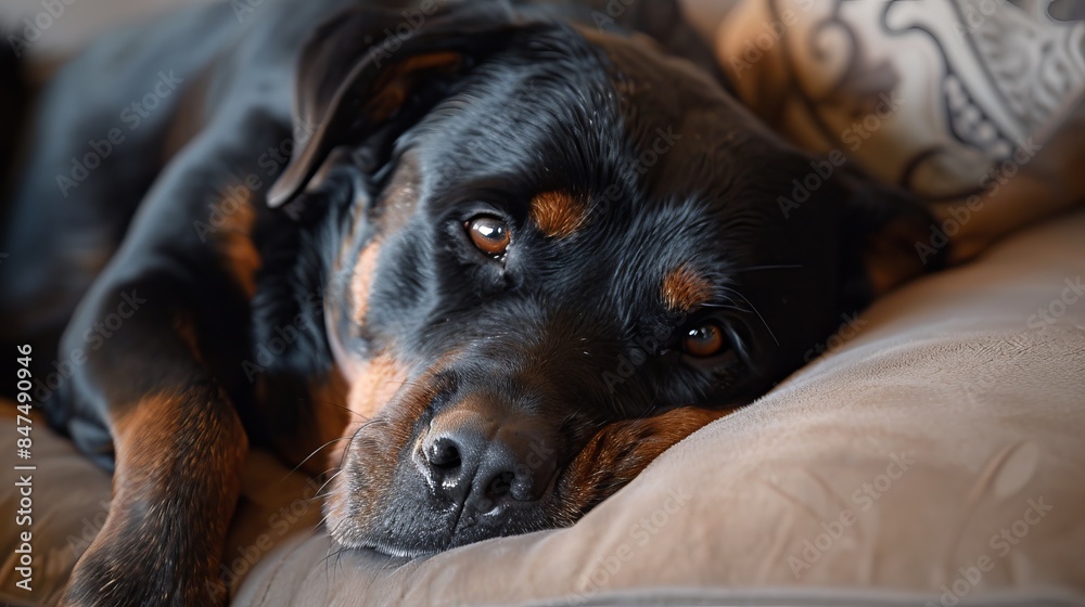 Rottweiler curled up in a quiet corner of the house, its weary eyes ...