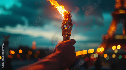 Close-up of a man with a burning gold stylish modern torch in his hands against the background of the Eiffel Tower in Paris. The opening of a major global sporting event.  photo