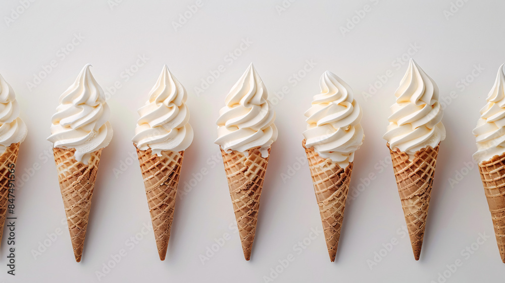 A line of colorful ice cream cones on a white background. Perfect for summer events, sweet treats, and dessert menus.