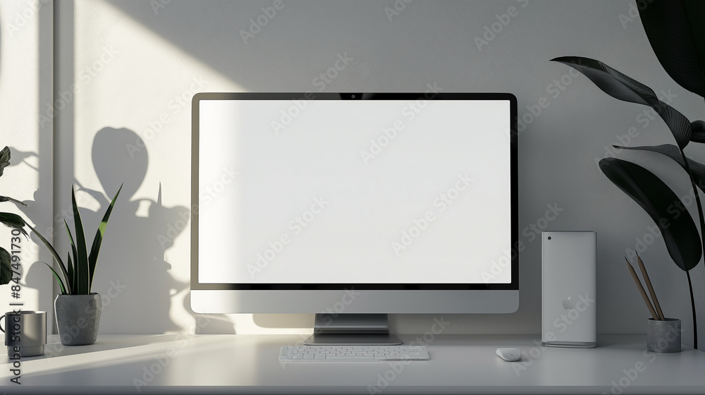 A computer monitor sits on a desk with a keyboard and mouse A computer monitor sits on a desk with a keyboard and mouse